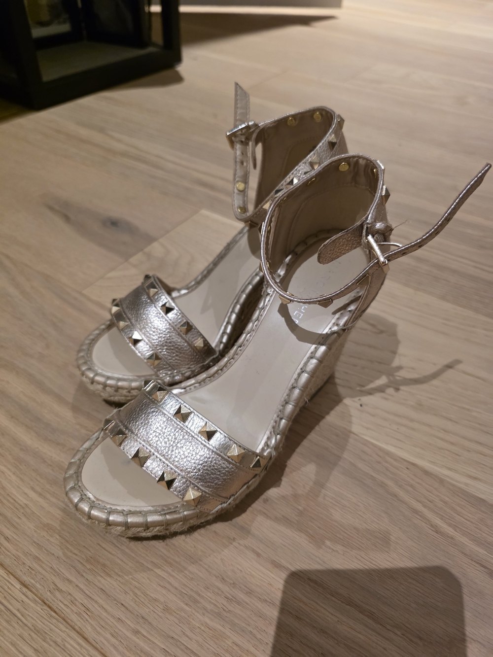 Marc Fisher Gold Metallic Studded Espadrille Wedge Sandals